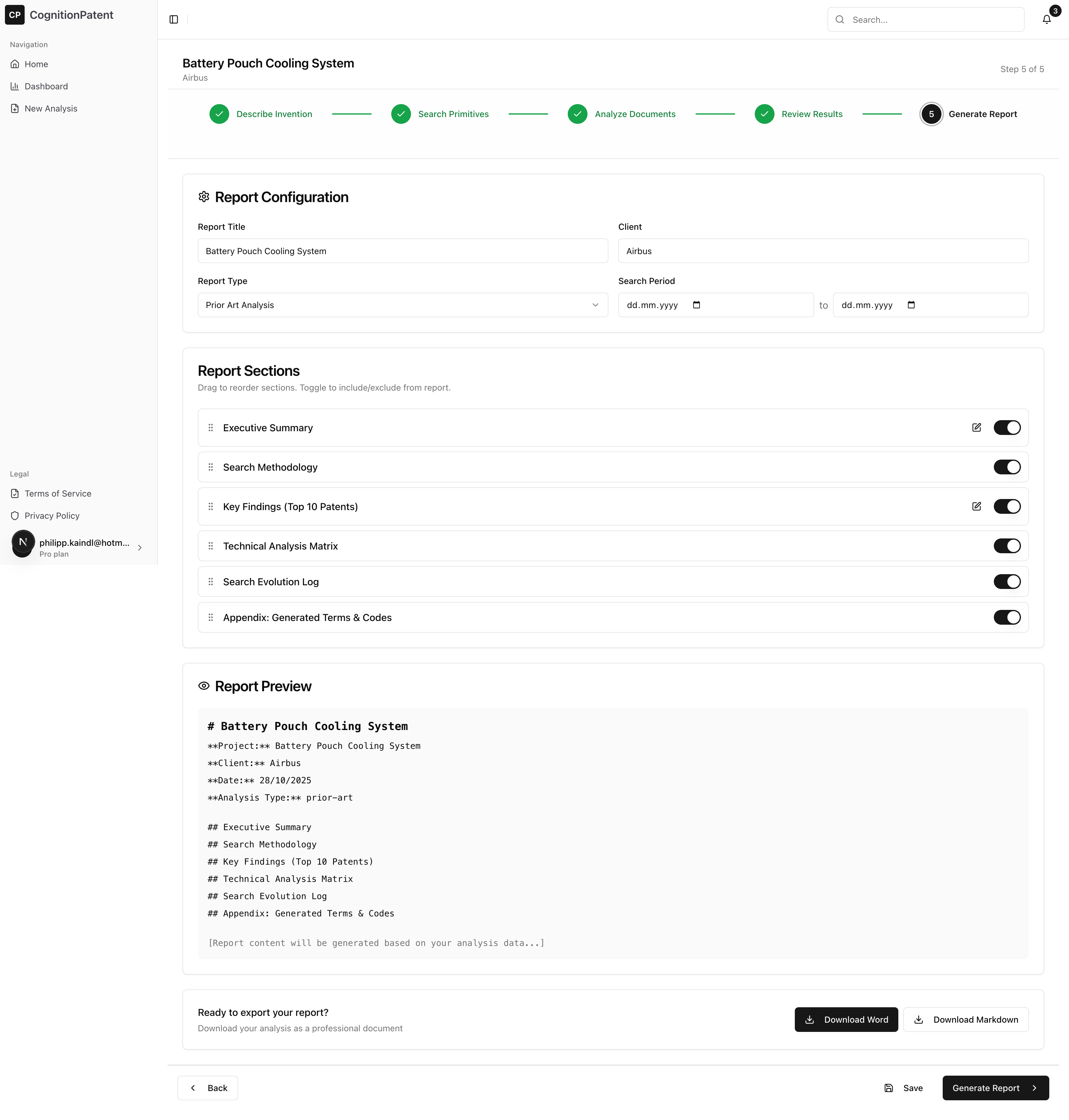 Configurable patent analysis report with live preview
